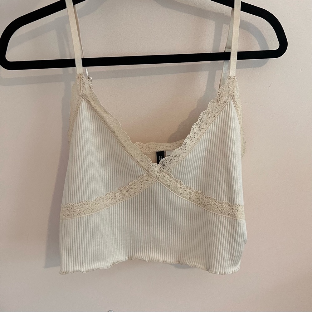 H&M Divided Cream White Lace Detail Crop Tank Top | Women Size Large